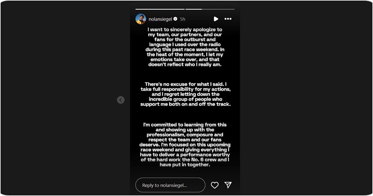 Nolan Siegel's reaction to the incident involving Scott McLaughlin at the Bommarito Automotive Group 500 event. Image: @nolansiegel via Instagram